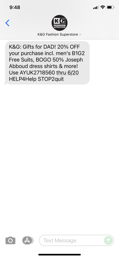 K&G Fashion Superstore Text Message Marketing Example - 06.18.2021