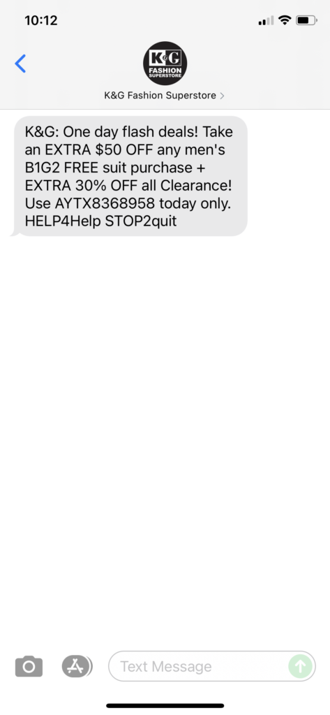 K&G Fashion Superstores Text Message Marketing Example - 06.16.2021