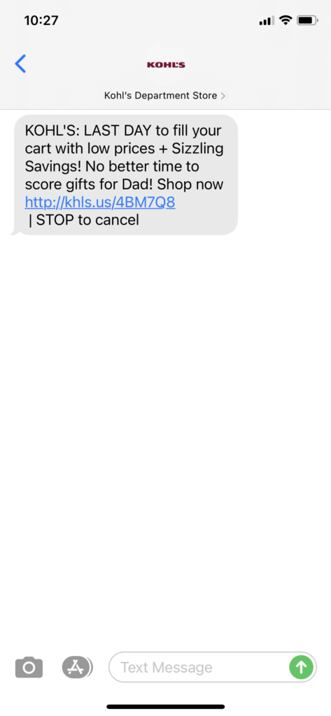 Kohl's Text Message Marketing Example - 06.06.2021