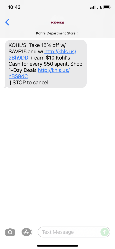 Kohl's Text Message Marketing Example - 06.12.2021