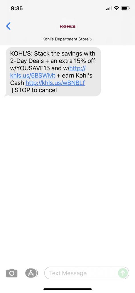 Kohl's Text Message Marketing Example - 06.19.2021
