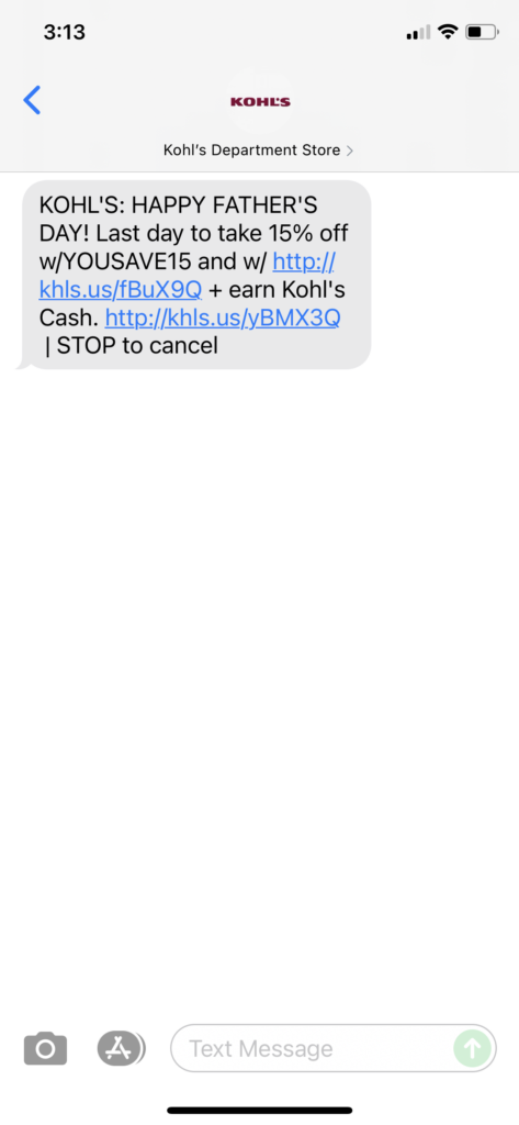 Kohl's Text Message Marketing Example - 06.20.2021