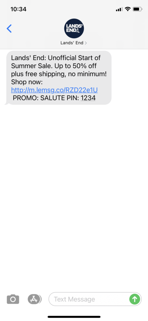 Lands' End Text Message Marketing Example - 05.27.2021