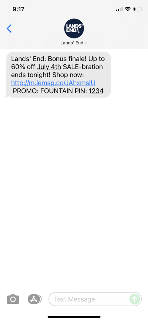 Lands' End Text Message Marketing Example - 06.29.2021