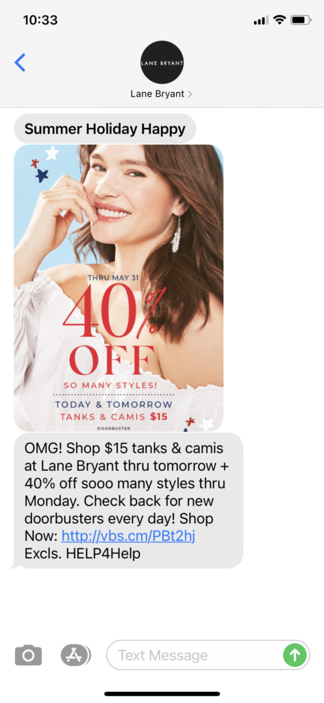 Lane Bryant Text Message Marketing Example - 05.27.2021
