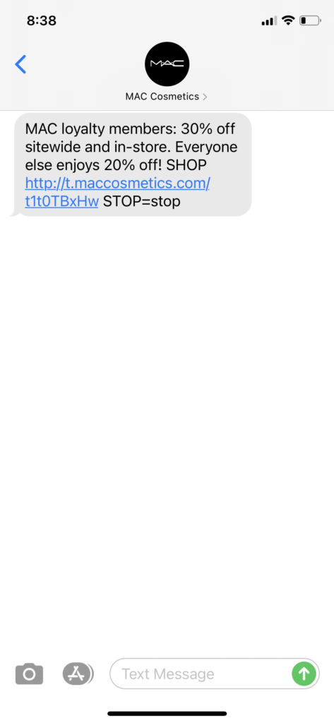 MAC Cosmetics Text Message Marketing Example - 06.08.2021