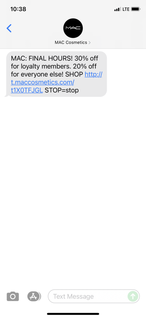 MAC Cosmetics Text Message Marketing Example - 06.13.2021