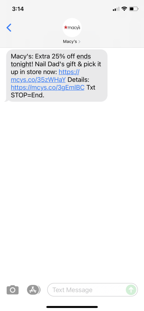 Macy's Text Message Marketing Example - 06.20.2021