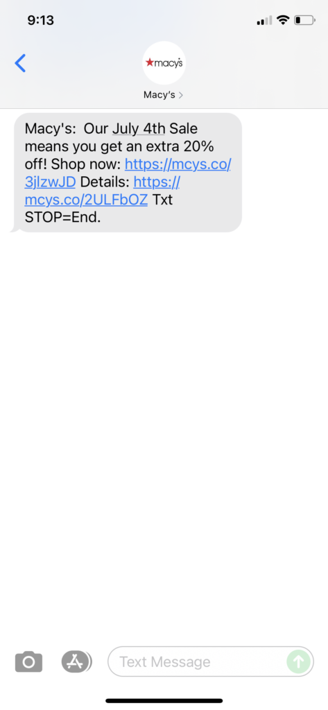 Macy's Text Message Marketing Example - 06.29.2021