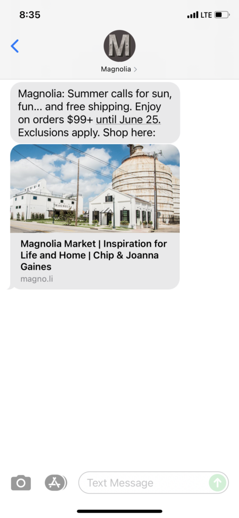 Magnolia Text Message Marketing Example - 06.23.2021
