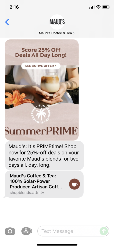 Maud's Coffee & Tea Text Message Marketing Example - 06.21.2021