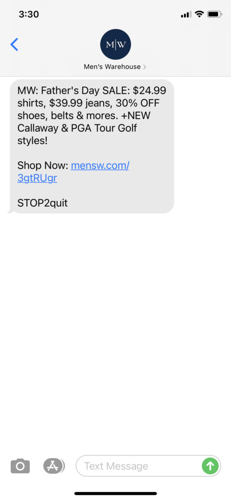 Mens Warehouse Text Message Marketing Example - 06.11.2021