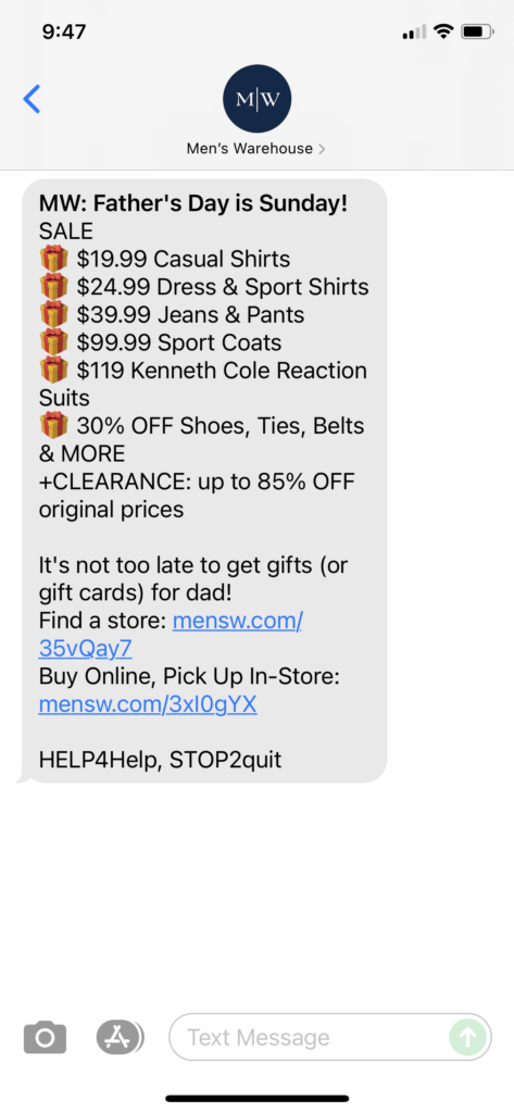 Men's Warehouse Text Message Marketing Example - 06.18.2021