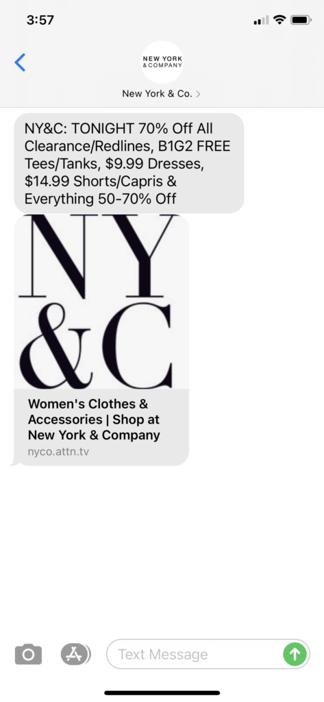 New York & Co Text Message Marketing Example - 05.30.2021