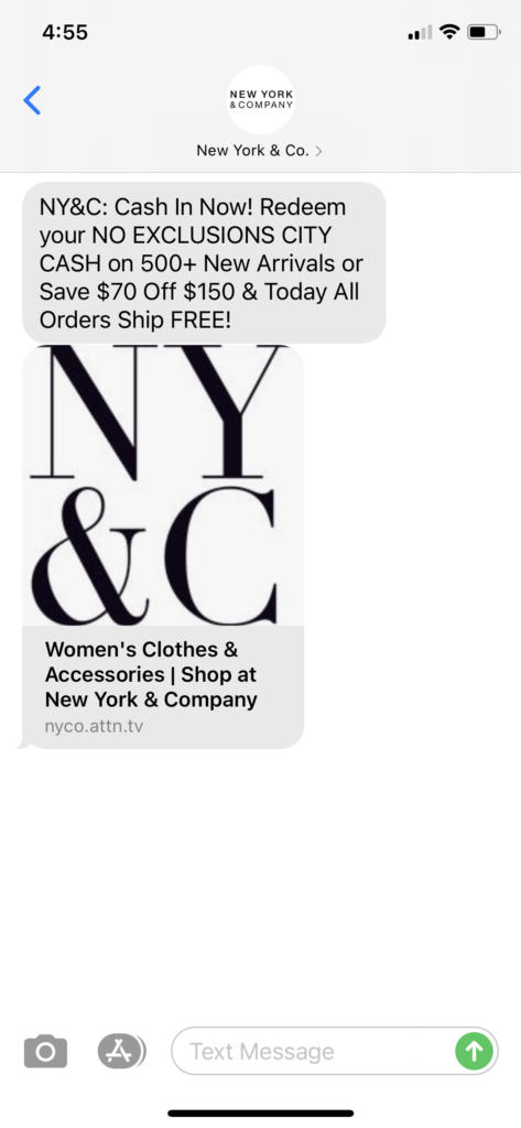 New York & Co Text Message Marketing Example - 06.02.2021