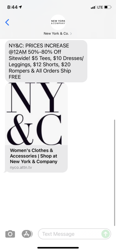 New York & Co Text Message Marketing Example - 06.30.2021