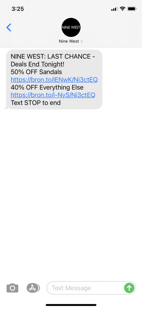 Nine West Text Message Marketing Example - 06.01.2021
