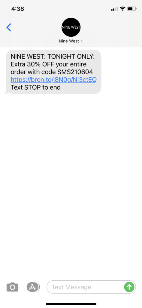 Nine West Text Message Marketing Example - 06.04.2021