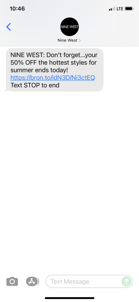 Nine West Text Message Marketing Example - 06.12.2021