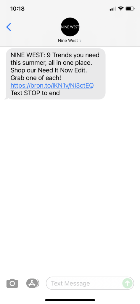 Nine West Text Message Marketing Example - 06.15.2021