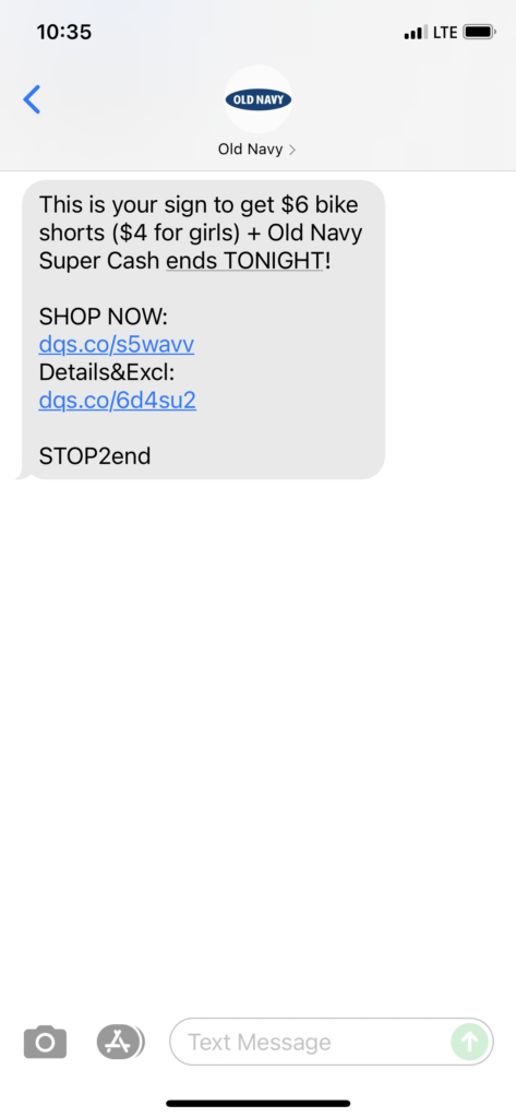 Old Navy Text Message Marketing Example - 06.13.2021