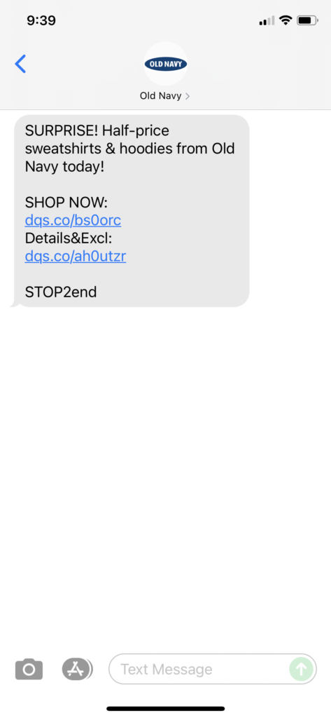 Old Navy Text Message Marketing Example - 06.19.2021