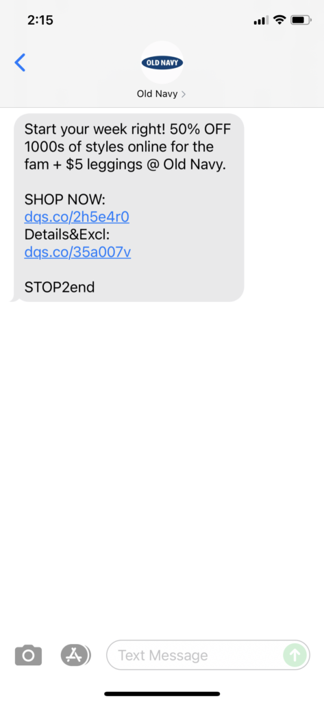 Old Navy Text Message Marketing Example - 06.21.2021
