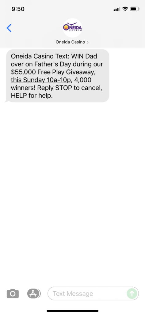 Oneida Casino Text Message Marketing Example - 06.18.2021