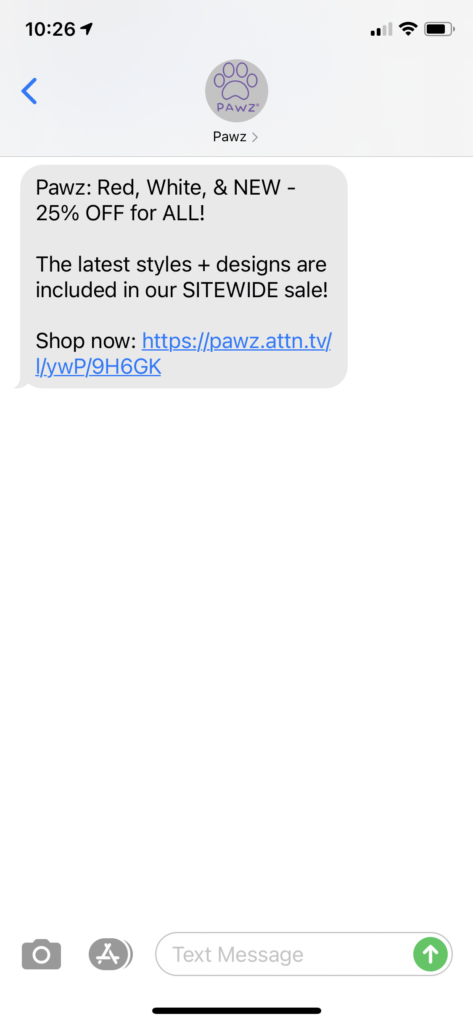 PAWZ Text Message Marketing Example - 05.30.2021