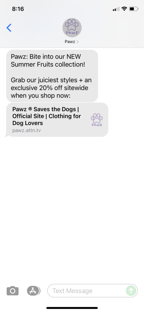 PAWZ Text Message Marketing Example - 06.24.2021