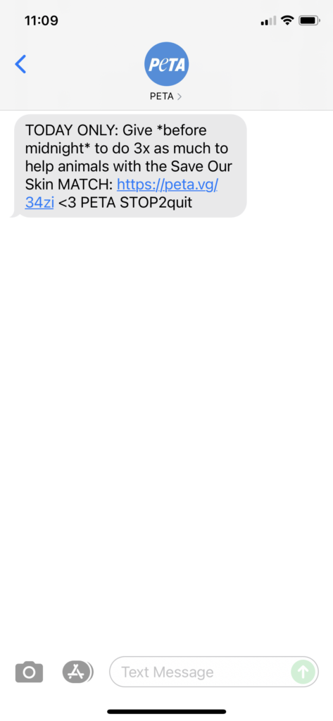 PETA Text Message Marketing Example - 06.09.2021