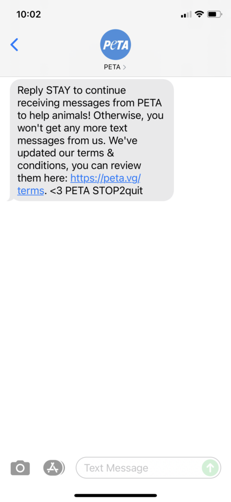 PETA Text Message Marketing Example - 06.17.2021
