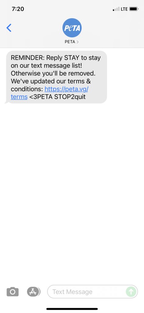 PETA Text Message Marketing Example - 06.28.2021