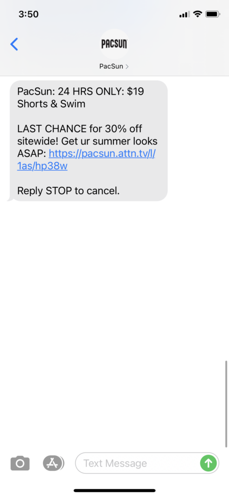PacSun Text Message Marketing Example - 05.31.2021