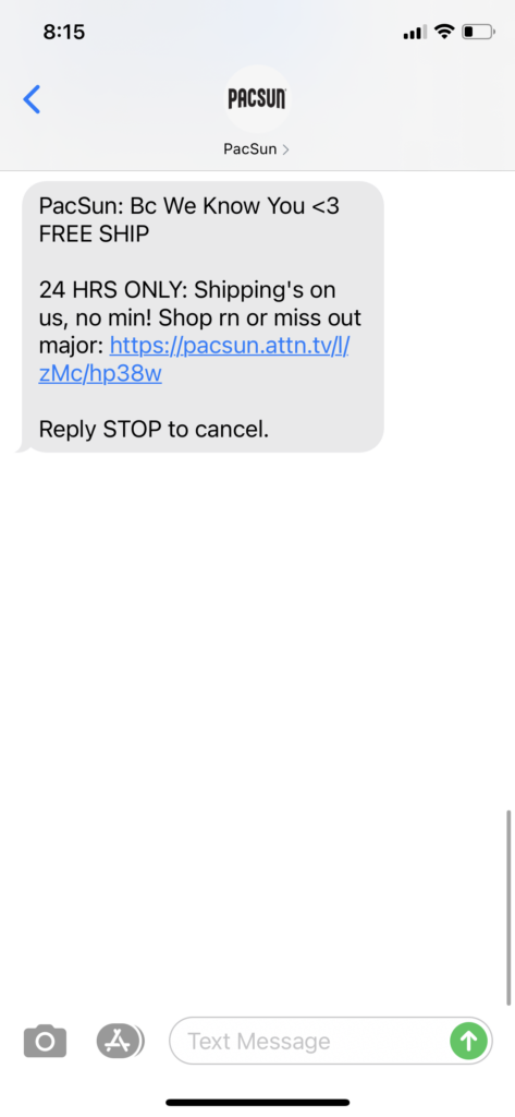 PacSun Text Message Marketing Example - 06.09.2021