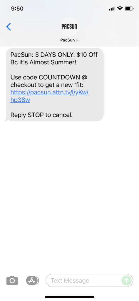 PacSun Text Message Marketing Example - 06.18.2021