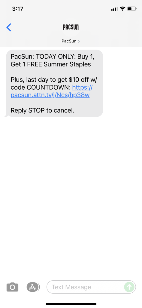 PacSun Text Message Marketing Example - 06.20.2021