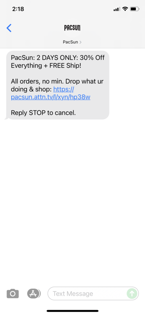 PacSun Text Message Marketing Example - 06.21.2021