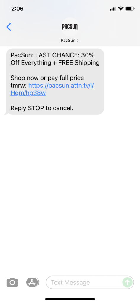 PacSun Text Message Marketing Example - 06.22.2021