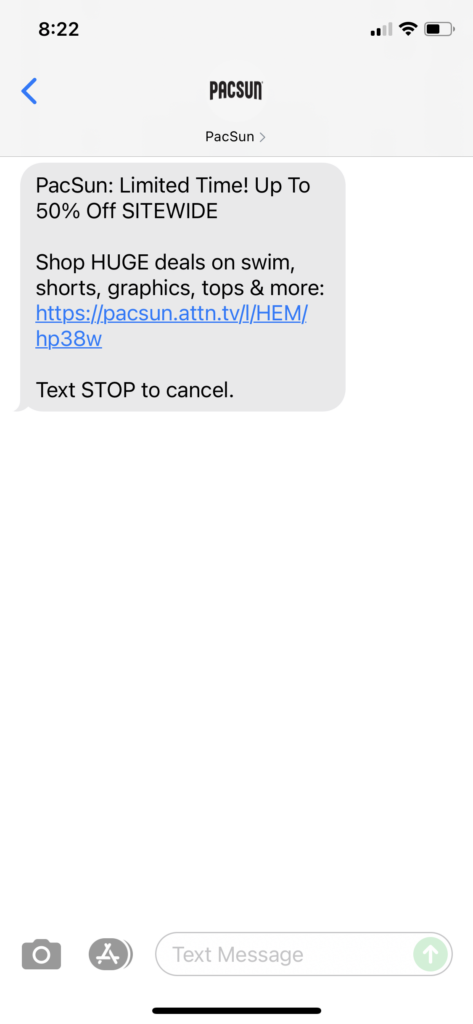 PacSun Text Message Marketing Example - 06.24.2021