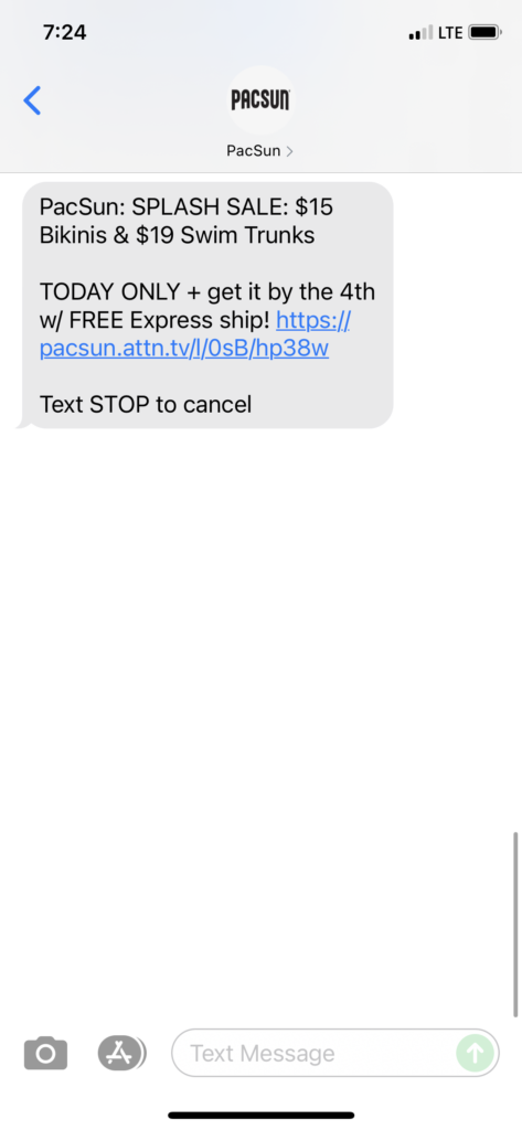 PacSun Text Message Marketing Example - 06.28.2021