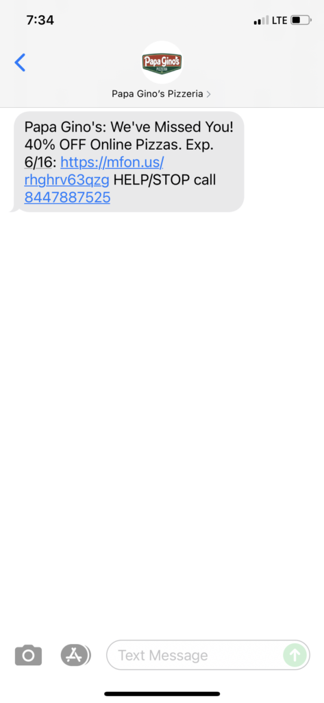 Papa Gino's Text Message Marketing Example - 06.14.2021