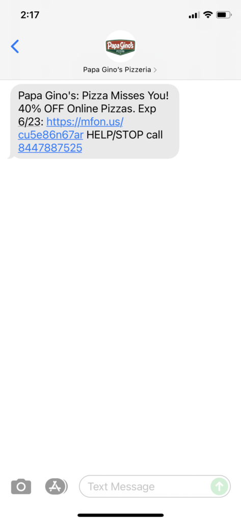 Papa Gino's Text Message Marketing Example - 06.21.2021