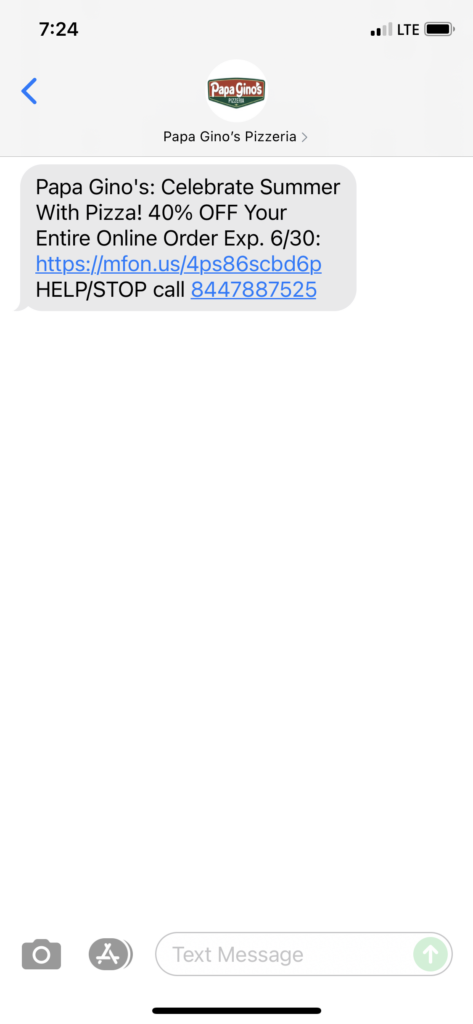 Papa Gino's Text Message Marketing Example - 06.28.2021