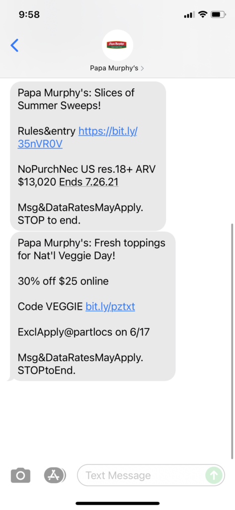 Papa Murphy's Text Message Marketing Example - 06.17.2021