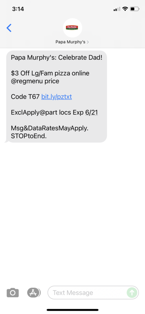 Papa Murphy's Text Message Marketing Example - 06.20.2021