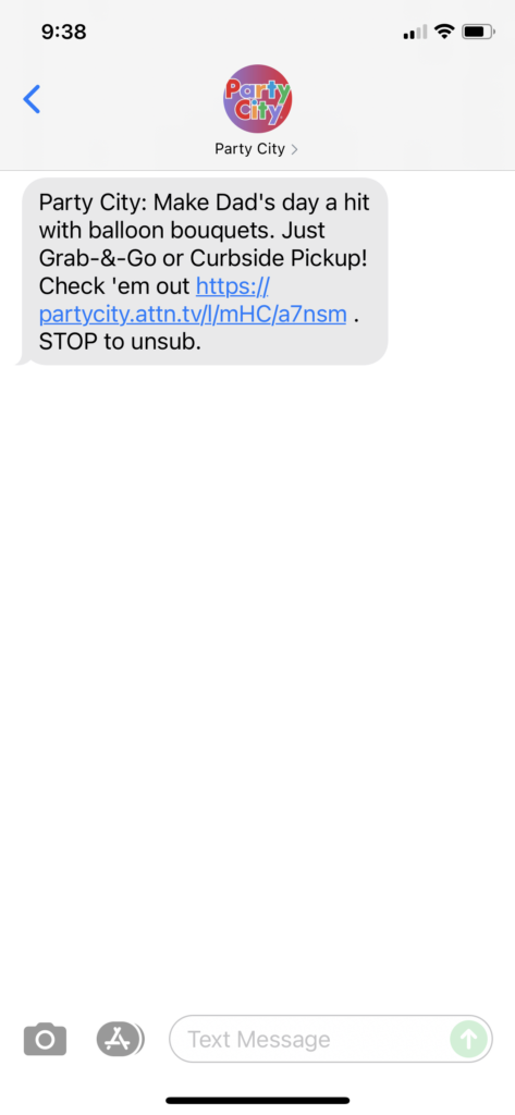 Party City Text Message Marketing Example - 06.19.2021