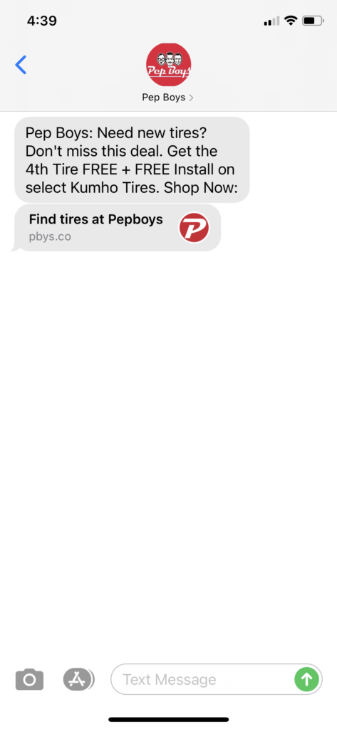 Pep Boys Text Message Marketing Example - 06.04.2021