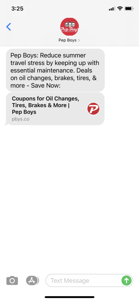 Pep Boys Text Message Marketing Example - 06.11.2021