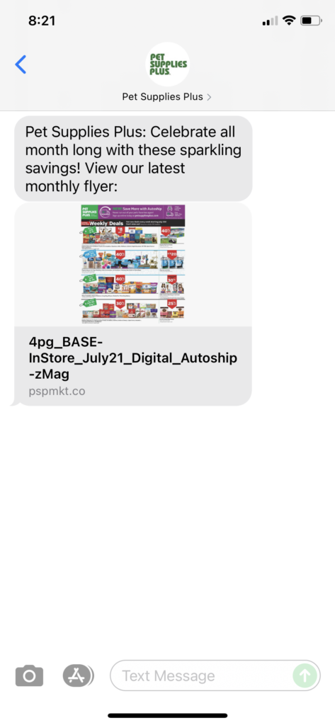 Pet Supplies Plus Text Message Marketing Example - 06.24.2021